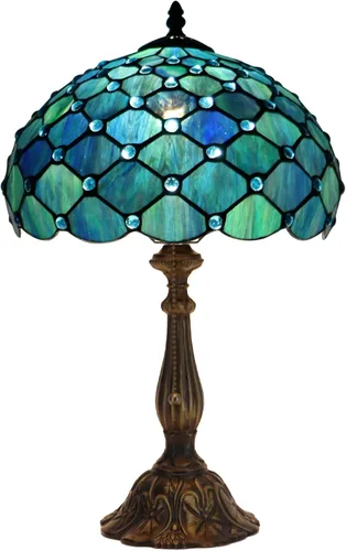 Vista 7 de Tiffany Lamp Stained Glass Table Lamp Bedside Reading Light W12H19 Inches (Sea Blue Pearl Style)