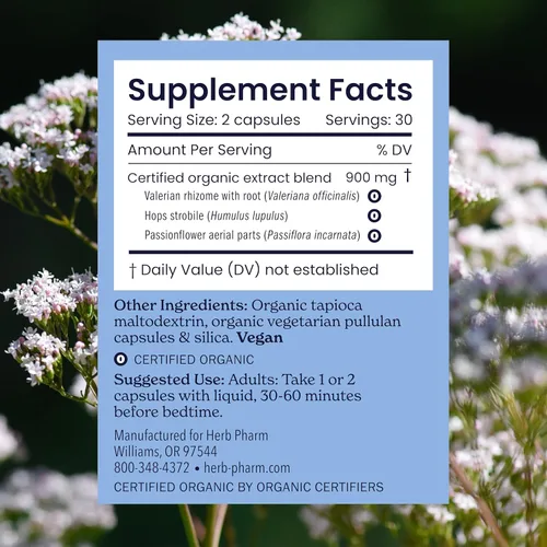 Vista 8 de Herb Pharm Cápsulas Sleep easier con raíz de valeriana y rizoma, pasiflora y lúpulo. Ayuda para dormir a base de hierbas orgánicas sin melatonina