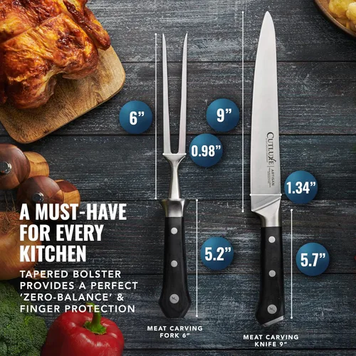 Vista 8 de Cutluxe Juego de cuchillos para tallar pavo, tenedor y cuchillo para carne, barbacoa, pechuga afilada, acero alemán de alta calidad, mango