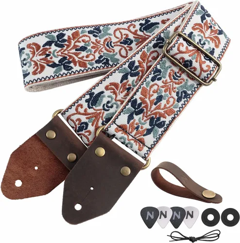 Vista 40 de Nefelibata Correa de guitarra, correas de guitarra de algodón bordado jacquard con extremos de cuero de caballo loco para bajo, eléctrico