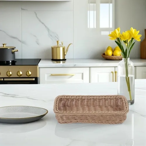 Vista 7 de Hemoton Cesta de almacenamiento tejida de 9.64 x 3.14 x 2.36 pulgadas, organizador de escritorio multiusos para cocina, cubiertos, tarros