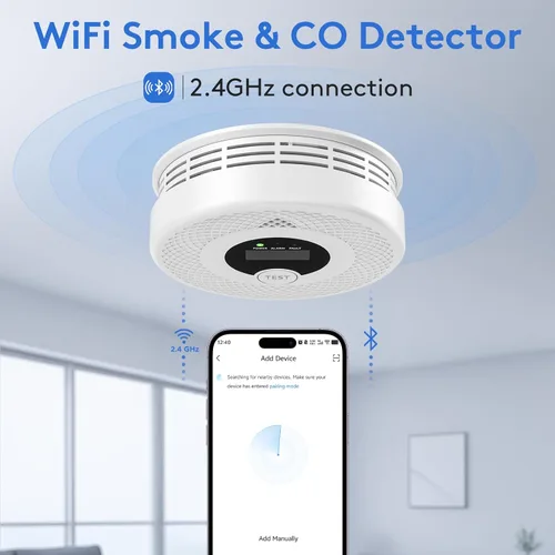 Vista 2 de Paquete de 3 detectores de humo Wi-Fi detector de monóxido de carbono combinado con notificaciones de aplicación, botón de prueba/silencio, detector