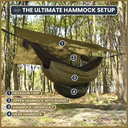 Vista 6 de Onewind Hamaca de Acampar de 11 pies con Mosquitera y Línea de Cresta Ajustable, Hamaca Doble Portátil Ligera con Correas para Árboles y Red
