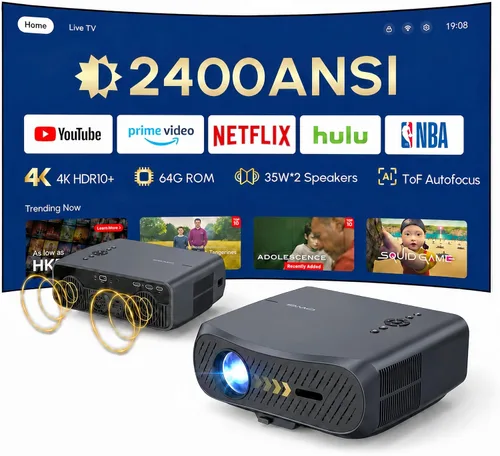 Proyector inteligente ANSI 2400 4K【Netflix】, MEMC, DD+ 70W Dolby ,HDMI eARC, 64GB, WiFi 6, AI-PQ, enfoque automático/Keystone, Copa del Mundo TV en