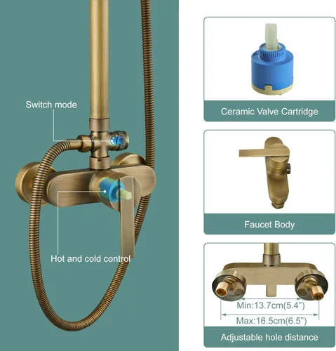 Vista 7 de Heyalan Sistema de ducha de tubería expuesta de latón antiguo Cabezal de ducha de lluvia de 8 pulgadas, conjunto combinado de accesorios de latón