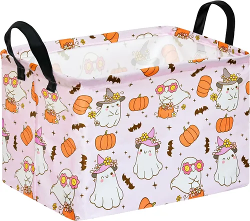 Vista 20 de Cesta de almacenamiento de Halloween, diseño de tela plegable con diseño de araña, murciélago y calabaza, con asas de cuero, organizador de estante