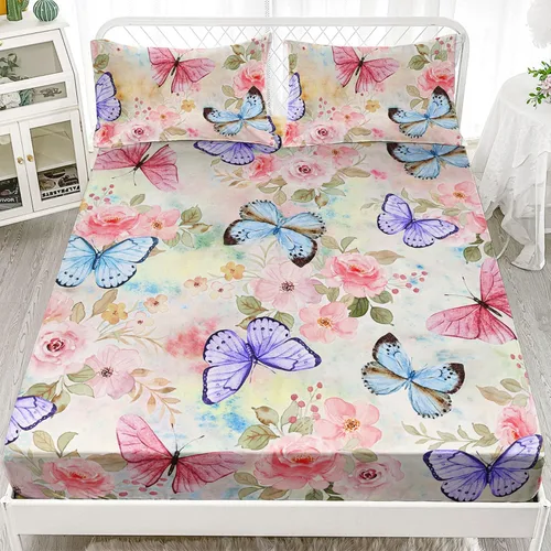 Vista 60 de Juego de sábanas de 4 piezas ajustadas y planas para niñas, estampado de mariposas y flores rosas con 1 + 2 fundas de almohada para cama individual