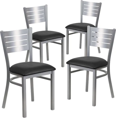 Flash Furniture HERCULES Series - Silla de restaurante de metal con respaldo de listones plateados, asiento de vinilo negro