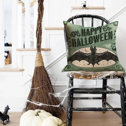Vista 3 de RABUSOFA Funda de almohada de Halloween de 18 x 18 pulgadas, almohadas decorativas, fundas de almohada de murciélagos, fundas de cojín verdes