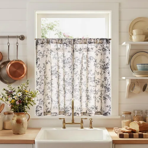 Vista 23 de JINCHAN Cortinas florales de cocina de 24 pulgadas, cortinas de lino de varios niveles, cortinas de granja de estilo cafetería, cortinas para media