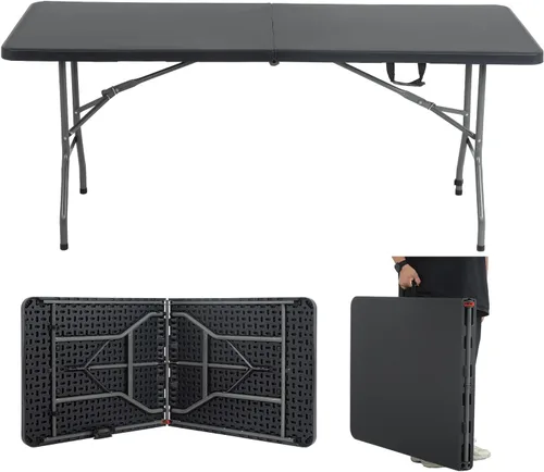 Mesa de picnic de 6 pies | Mesa plegable portátil | Mesa de comedor resistente de altura ajustable | Diseño plegable por la mitad con mango y patas
