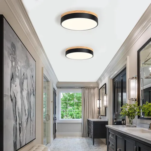 Vista 7 de Lámpara de techo de madera moderna regulable, LED negro 5CCT 2700K-6000K luminaria de montaje empotrado al ras, luminarias redondas para cocina