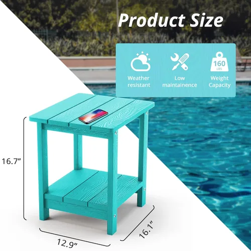 Vista 3 de LUE BONA - Mesa auxiliar de exterior Adirondack, mesa auxiliar de patio de 2 niveles Aruba Blue HDPS, mesa auxiliar resistente a la intemperie, mesa