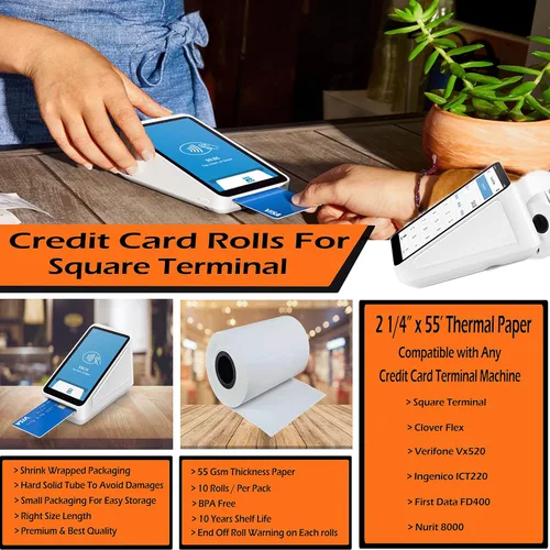 Vista 3 de Rollo de papel de recibo para máquina de tarjetas de crédito con terminal cuadrado de 2 1/4 x 55 (10 rollos - grosor de papel de 1.69 oz/m²)
