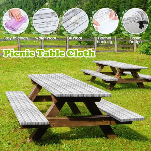 Vista 3 de Boao 3 manteles de vinilo para mesa de picnic con funda de banco de 6 pies, 30 x 72 pulgadas, impermeable, ajustable, con parte trasera de franela
