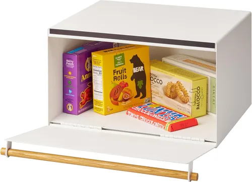 Vista 10 de YAMAZAKI Home Modern Panera – Recipiente de almacenamiento de pan de acero + madera, caja de pan grande amarilla para encimera de cocina, panera que