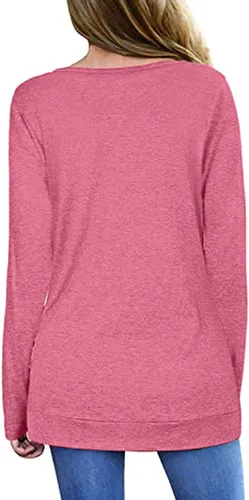 Vista 2 de Camisas de manga larga para mujer, blusa holgada con botones laterales, color clásico, retazos, cuello en V, túnica
