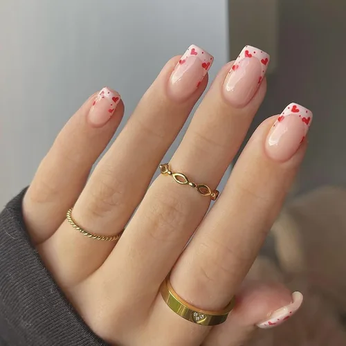Vista 23 de Uñas postizas a presión para San Valentín, uñas postizas cortas cuadradas MABKJLF nude con diseños de labios, cobertura completa, pegamento V36