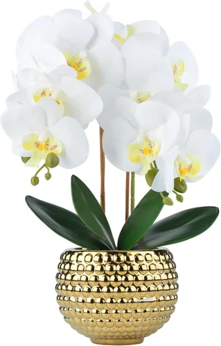 Orquídeas artificiales grandes, orquídeas artificiales blancas de 17 pulgadas con maceta dorada para decoración de sala de estar, planta de orquídea
