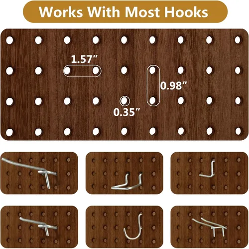 Vista 8 de Divisor de habitación de 6 paneles con estantes, pantalla de tablero de clavijas de 5.6 pies con 24 ganchos, divisor de habitación de madera sólida