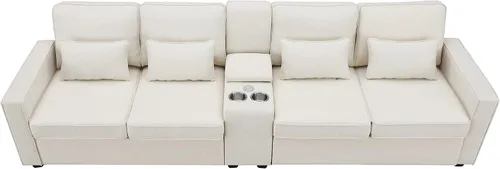 Vista 3 de Moderno sofá multifuncional con mesa auxiliar almacenable y 2 portavasos, sofá tapizado de tela de 4 asientos con 2 puertos USB con cable o carga