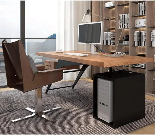 Vista 2 de Escritorio para computadora de madera maciza para oficina en casa, escritorio de estudio, estación de trabajo con cajones y gabinete