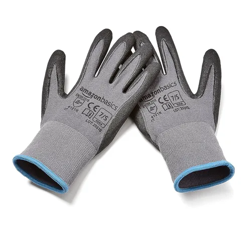Vista 3 de Amazon Basics Guantes con revestimiento de nitrilo de microespuma, fibra de forro de nailon, pantalla táctil, gris, talla 7 (S), paquete de 6