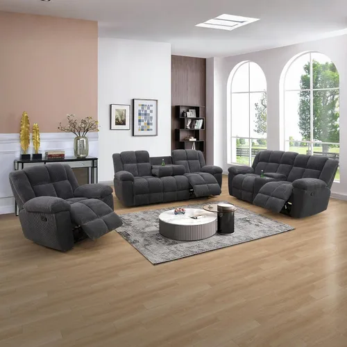 Vista 24 de Juego de sofá reclinable para muebles de sala de estar, juego de sofá y silla reclinable de pana verde, tela manual, sofá reclinable de 3 plazas