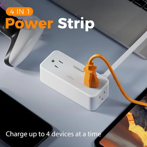 Vista 3 de Cable de extensión plano de 5 pies, TESSAN Regleta de protección contra sobretensiones con 4 tomas de CA ampliamente espaciadas, protección contra