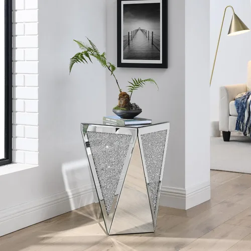 Vista 44 de HomVent Mesita de noche con espejo, mesa auxiliar con espejo, mesa de noche pequeña de cristal plateado para dormitorio, sala de estar