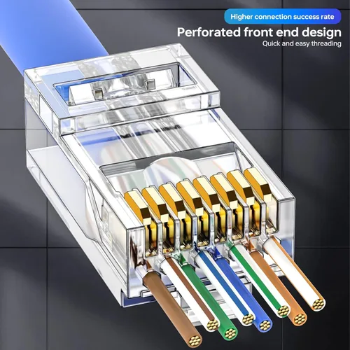 Vista 3 de Conector de paso RJ45, conector Cat6, paquete de 100 unidades de paso a través de RJ45 UTP Entierro directo Entierro Terminales Ethernet chapados