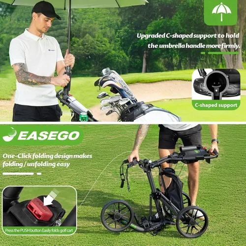 Vista 7 de Carrito de golf con 3 ruedas carrito plegable para bolsa de golf con soporte para teléfonotazaparaguas, carritos de golf compactos de tracción