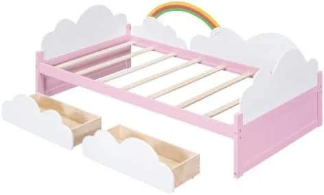Vista 6 de Cama de tamaño individual con nubes – Base de cama artística con elementos del cielo y toque verde – Perfecto para niñas – Cama divertida e