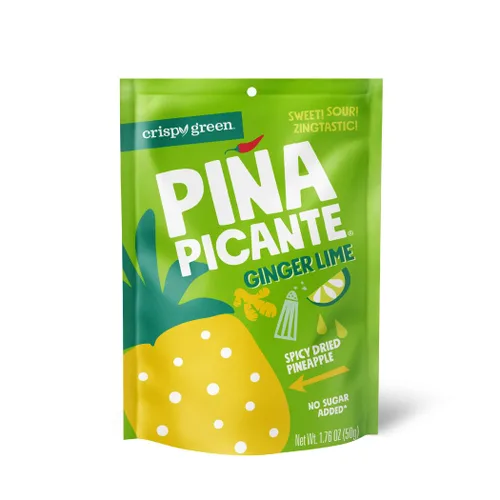 Crispy Green Pina Picante - Bocadillos saludables de piña deshidratada, jengibre y lima, 12 bolsas individuales