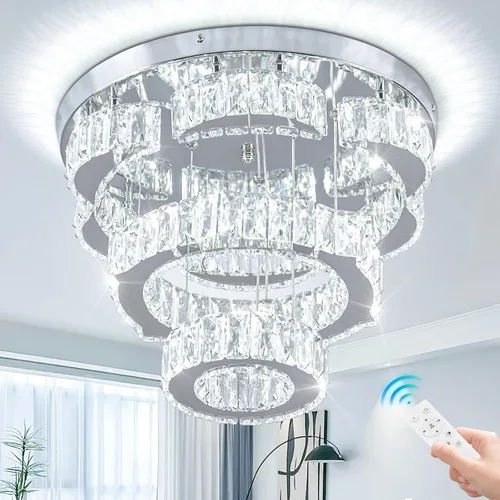 Vista 7 de 40 cm Moderna lámpara de araña de cristal con 2 anillos, lámpara de techo redonda de montaje empotrado con flores LED, lámparas de araña regulables
