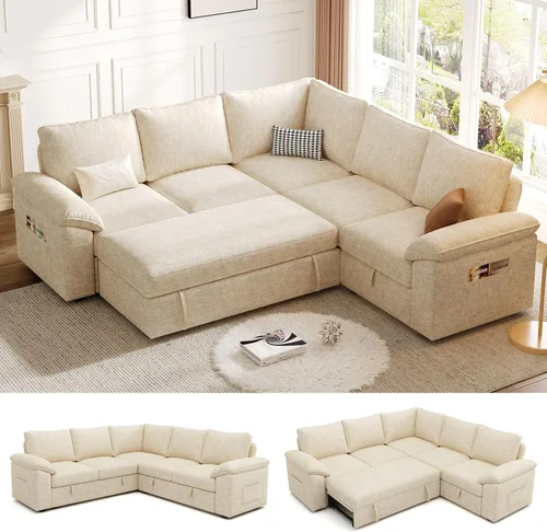 Sofá modular de 85 pulgadas con cama extraíble, sofá modular de 5 asientos en forma de L con almacenamiento, sofás seccionales para sala de estar
