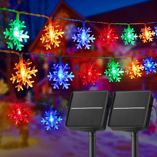 Vista 12 de Brightown Guirnalda de luces solares de copo de nieve de Navidad, paquete de 2 unidades, 100 luces LED de 78 pies para exteriores, impermeables