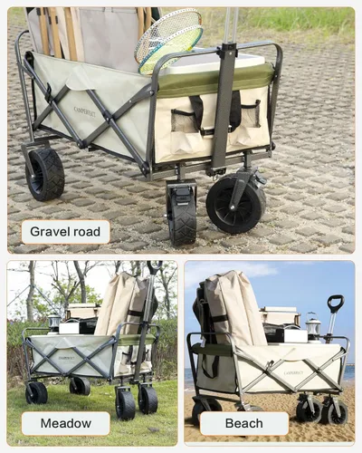 Vista 9 de CAMPERFECT Carro de playa con ruedas grandes – Carro todo terreno al aire libre para camping, deportes, compras – Carro plegable con mango ajustable