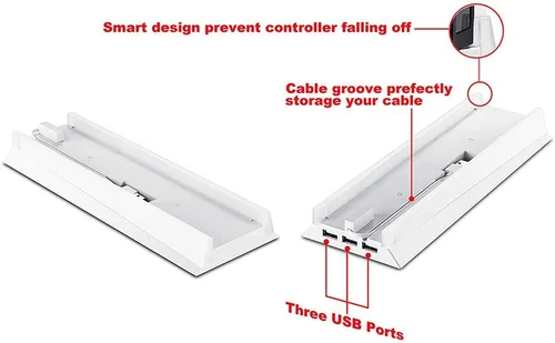 Vista 3 de Kailisen - Soporte con Hub y luz azul para PS4 base vertical con 3 puertos USB Hub para Sony Playstation 4 PS4 color blanco