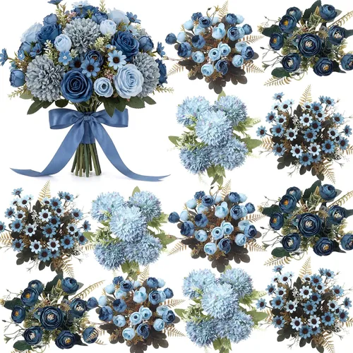 Vista 10 de Zeyune 24 paquetes de flores artificiales azules a granel ramo de seda