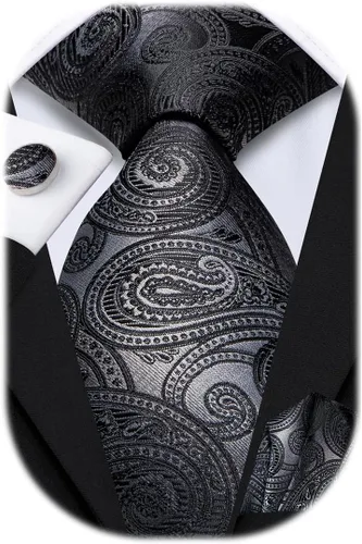 Vista 13 de Hi-Tie Conjunto de corbatas de seda con estampado paisley para hombre, pañuelo de bolsillo y gemelos, conjuntos de corbata formal para negocios a
