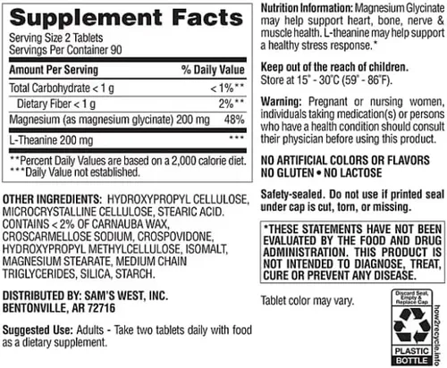 Vista 2 de Glicinato de magnesio con tabletas de L-teanina, 180 ct.