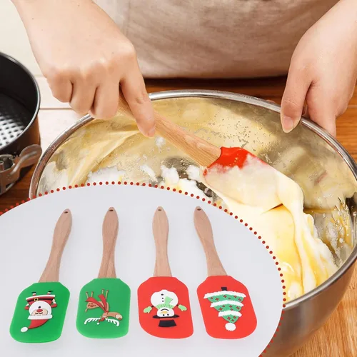Vista 6 de 8 espátulas de silicona de Navidad para pastel de Navidad con mango de madera, muñecos de nieve, árbol de Navidad, patrón de Papá Noel, decoración