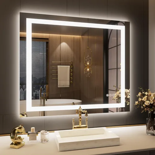 Vista 29 de LOAAO Espejo de baño LED de 60 x 40 pulgadas con luces, antiniebla, regulable, retroiluminado + iluminado frontal, espejo de tocador de baño