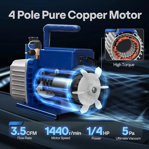 Vista 2 de VIVOHOME 110V 1/4 HP 3.5 CFM Bomba de vacío de aire de paleta rotativa de una etapa y kit de manómetro de colector de CA R134a para HVAC Aire