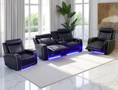 Juego de sofá reclinable eléctrico, de cuero transpirable, sofá reclinable de sofá biplaza y sillas de cine en casa con portavasos / Negro