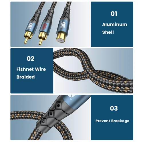 Vista 4 de EMK Cable de extensión RCA Splitter 2 macho a hembra, doble blindaje chapado en oro, de nailon trenzado, divisor RCA de 1 hembra a 2 macho