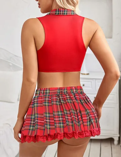 Vista 5 de Avidlove Conjunto de lencería sexy de dos piezas de encaje para mujer, conjunto de lencería con lazo superior y minifalda plisada