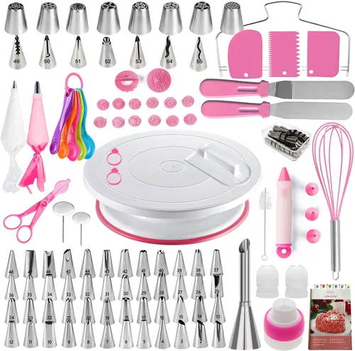 Vista 10 de Kit de decoración de pasteles, 137 piezas de suministros de decoración de pasteles con plato giratorio para decorar, manga pastelera, boquillas