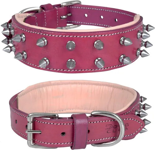 Vista 21 de Collar de perro de cuero con pinchos, cuero bridle de grano completo de 2 pulgadas de ancho, resistente, acolchado y ajustable, para razas grandes